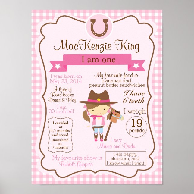 CowGirl one year sign for your birthday girl (Front)