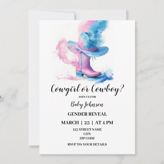 Cowgirl or Cowboy western gender reveal invitation (Front)