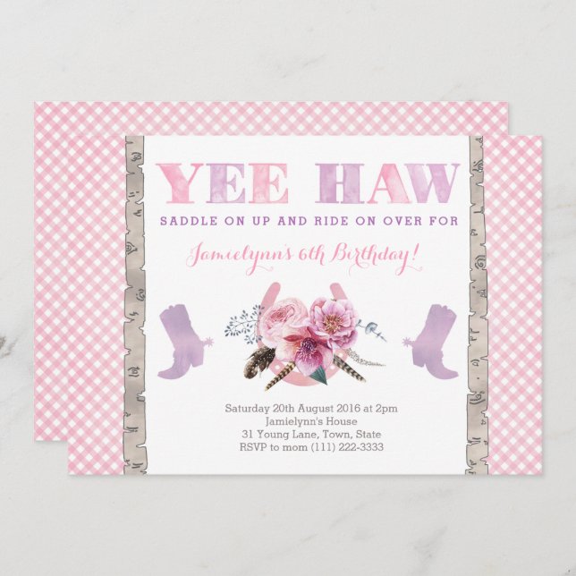 cowgirl party invite with boots and horseshoe (Front/Back)