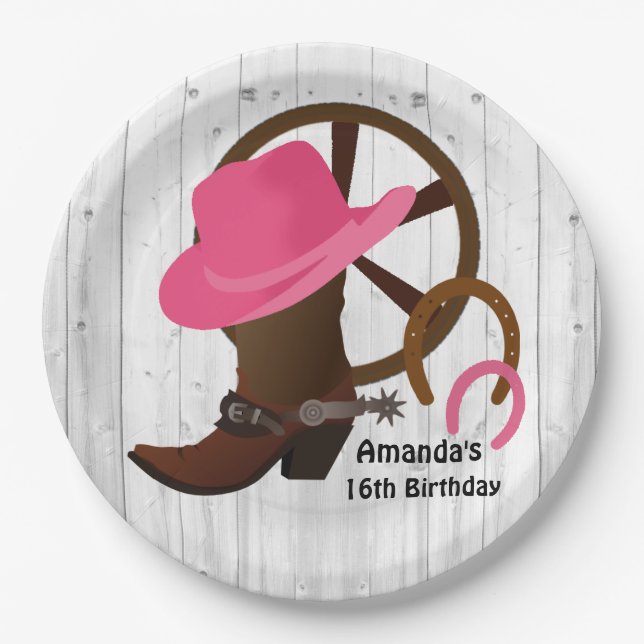 Cowgirl Personalised Birthday Party Rustic Paper Plate (Front)