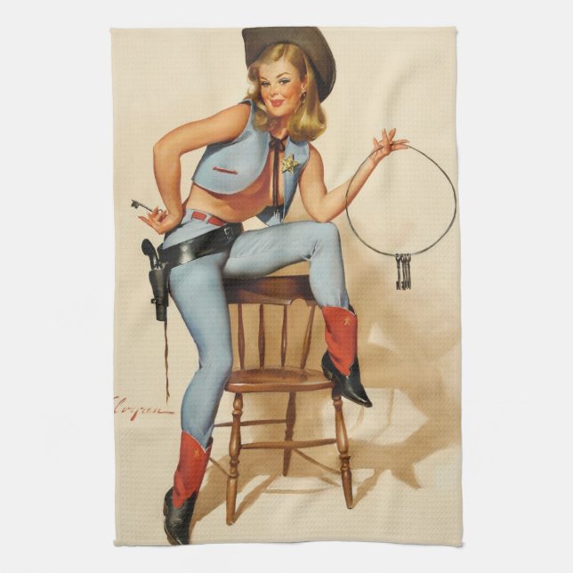 Cowgirl Pin-up Girl Tea Towel (Vertical)