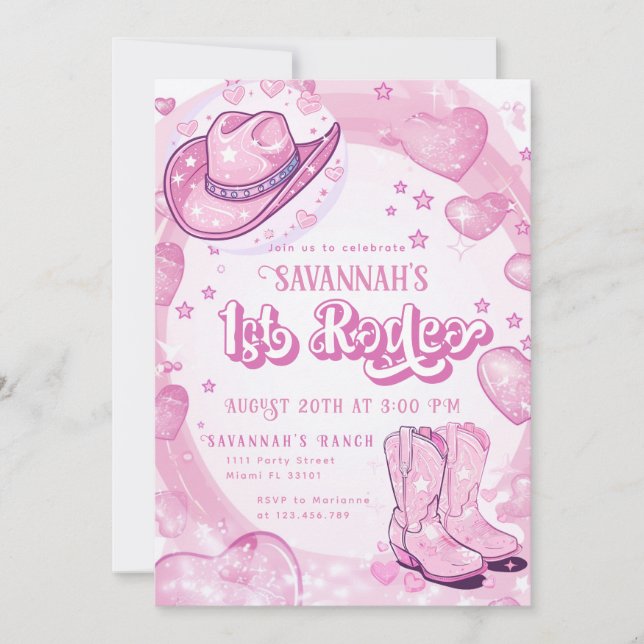 Cowgirl Pink 1st Rodeo First Birthday Invitation (Front)