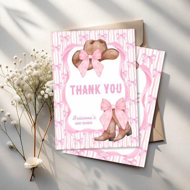 Cowgirl pink bow ribbon girls baby shower thank you card (Cowgirl pink bow ribbon coquette western girls baby shower thank you cards boots and bows)