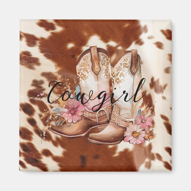 Cowgirl Pink Cream Brown Cowhide Floral Boots Magnet (Front)