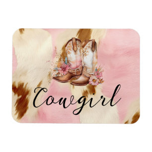 Cowgirl Pink Cream Brown Cowhide Floral Boots Magnet