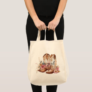 Cowgirl Pink Cream Brown Cowhide Floral Boots Tote Bag