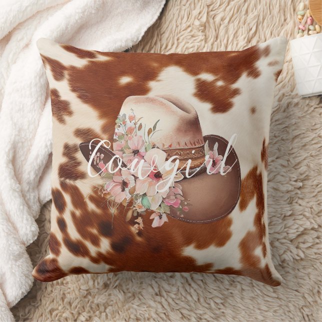 Cowgirl Pink Cream Brown Cowhide Floral Hat Cushion (Blanket)