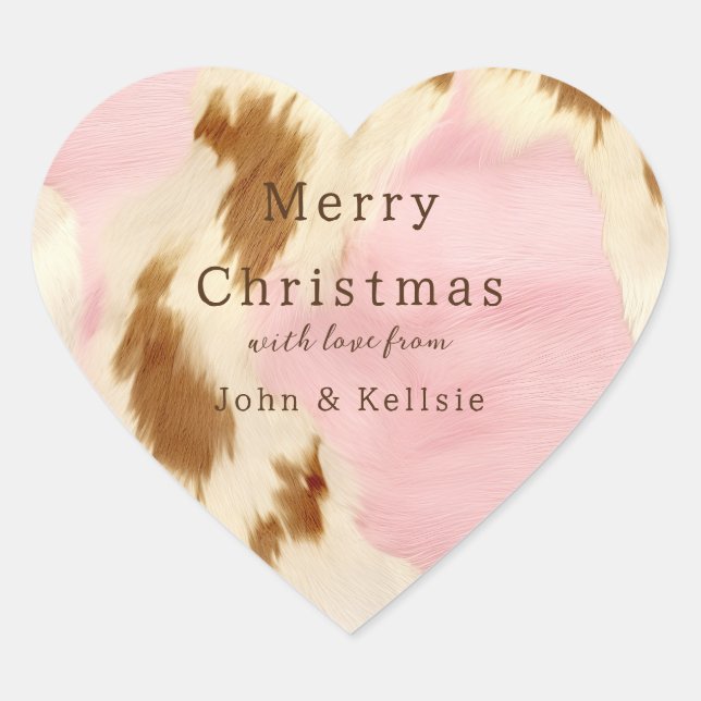 Cowgirl Pink Cream Brown Cowhide Gold Christmas Heart Sticker (Front)