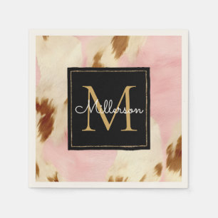 Cowgirl Pink Cream Brown Cowhide Gold Monogram Napkin