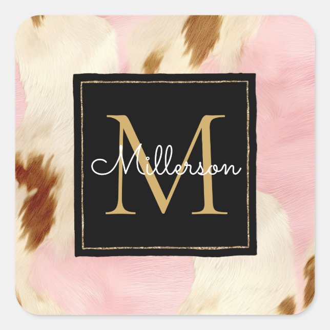 Cowgirl Pink Cream Brown Cowhide Gold Monogram  Square Sticker (Front)