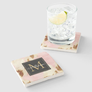 Cowgirl Pink Cream Brown Cowhide Gold Monogram Stone Coaster