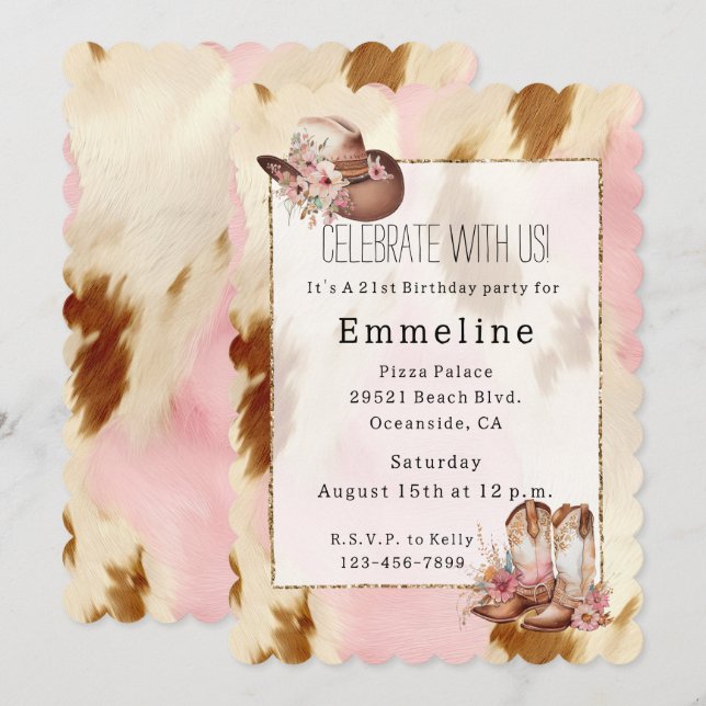 Cowgirl Pink Cream Brown Cowhide Hat Boots Invitation (Front/Back)