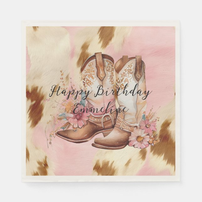 Cowgirl Pink Cream Brown Cowhide Hat & Boots Napkin (Front)