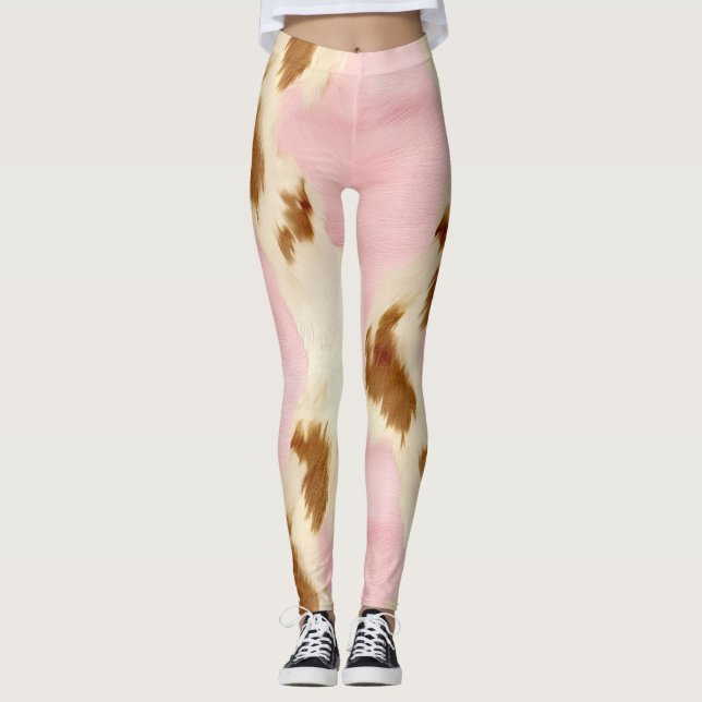 Cowgirl Pink Cream Brown Cowhide  Leggings (Front)
