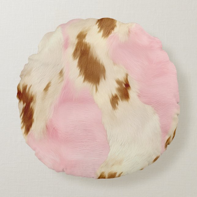 Cowgirl Pink Cream Brown Cowhide  Round Cushion (Front)