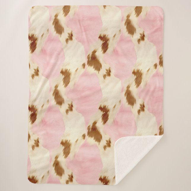 Cowgirl Pink Cream Brown Cowhide  Sherpa Blanket (Front)