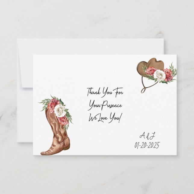 COWGIRL PINK FLORAL BRIDAL SHOWER THANK YOU CARD (Front)