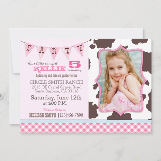 Cowgirl Pink Gingham Check Western Theme Birthday Invitation (Front)