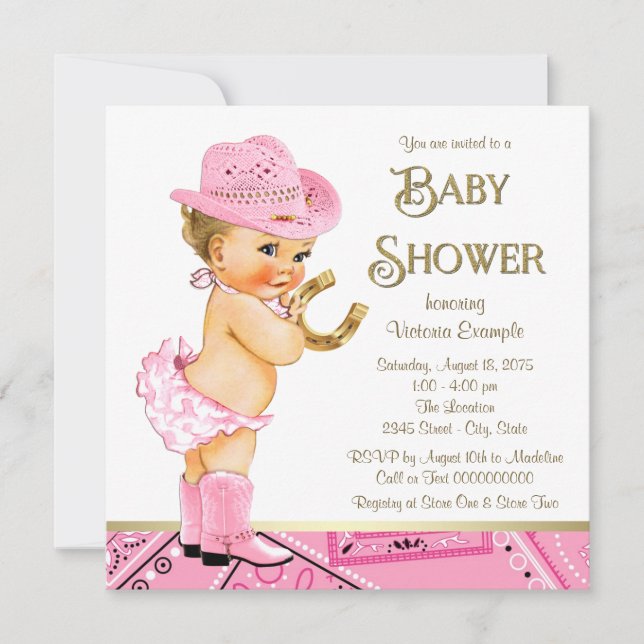 Cowgirl Pink Gold Horseshoe Cowgirl Baby Shower Invitation (Front)