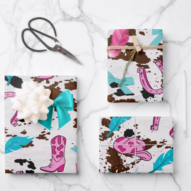 Cowgirl Pink & Teal Coquette Wrapping Paper (Front)