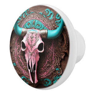 Cowgirl Pink Turquoise Western Country Bull SKull Ceramic Knob