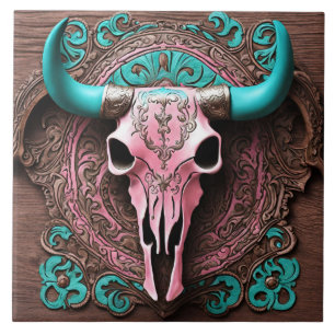 Cowgirl Pink Turquoise Western Country Bull SKull Tile