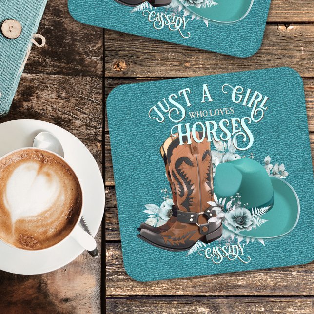 Cowgirl quote turquoise leather cowboy boots hat coaster (Cowgirl quote turquoise leather cowboy boots hat beverage coaster)