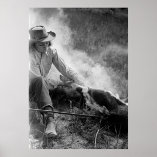Cowgirl Rassling a Calf, 1930s Poster