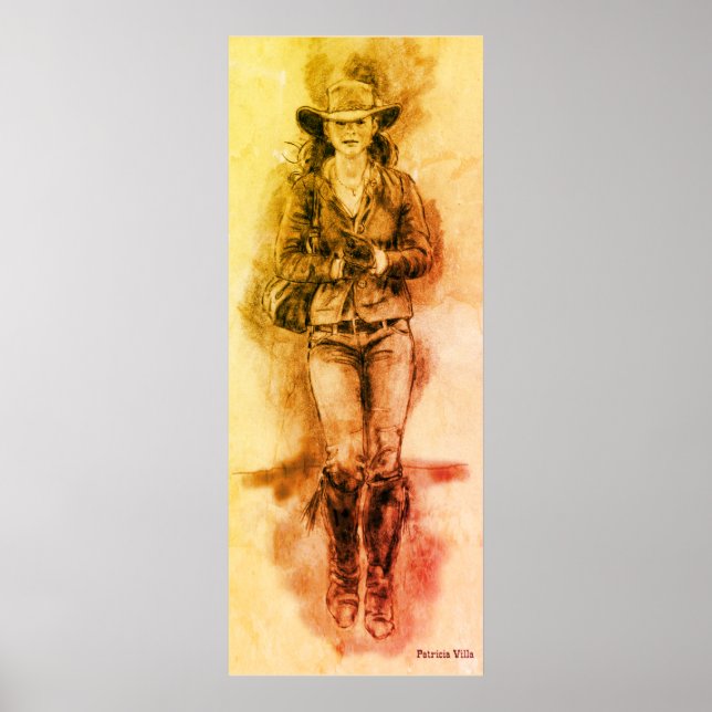 Cowgirl Realistic Drawing Jeans Hat Boots Poster (Front)