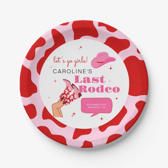 Cowgirl Red & Pink Last Rodeo Bachelorette Party Paper Plate (Front)