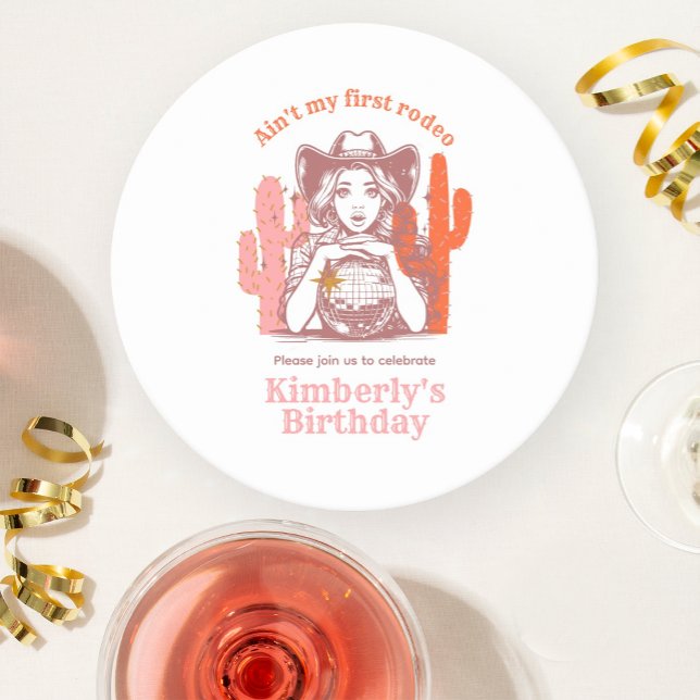 Cowgirl Retro Pink Disco Ball Birthday Party Round Paper Coaster (Creator Uploaded)
