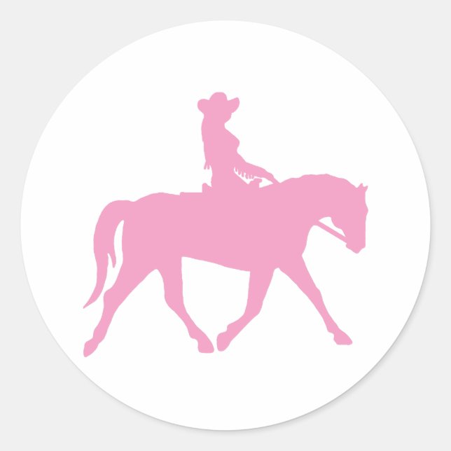 Cowgirl Riding Her Horse (pink) Classic Round Sticker (Front)