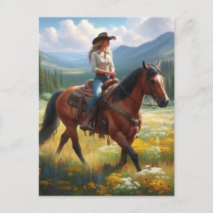 Cowgirl Riding Horse through Wildflowers Postcard