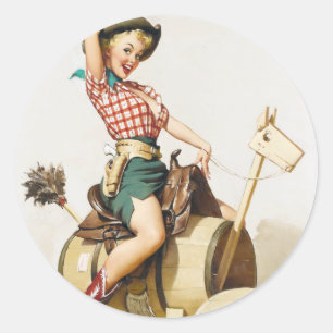 Cowgirl Riding Pin Up Classic Round Sticker