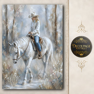 Cowgirl Riding White Horse Decoupage Tissue Paper