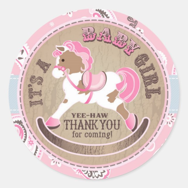 Cowgirl Rocking Horse Western Baby Shower Classic Round Sticker (Front)