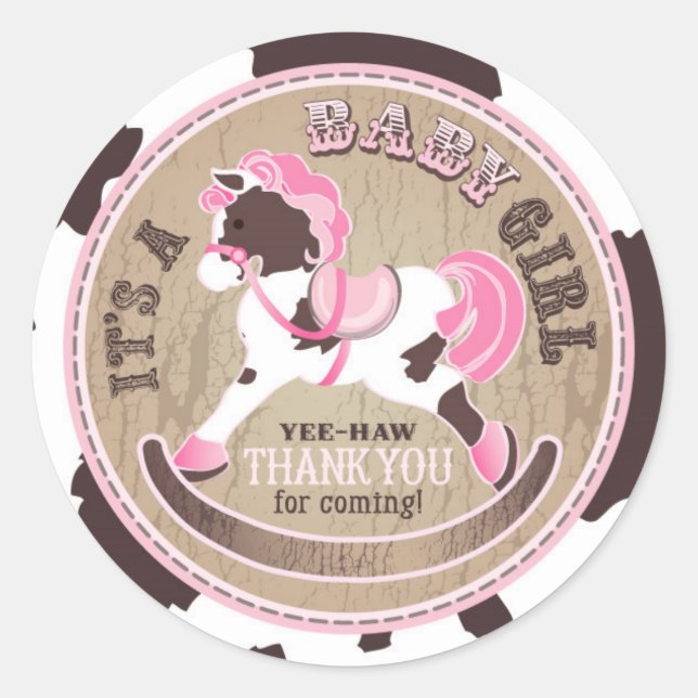 Cowgirl Rocking Horse Western Baby Shower Classic Round Sticker (Front)