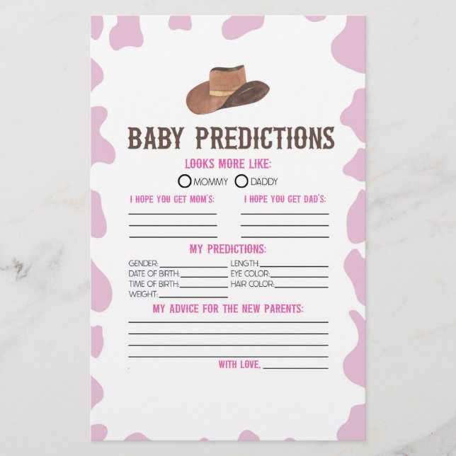 Cowgirl Rodeo Baby Shower Predictions Activity Stationery (Front)