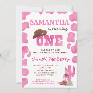 Cowgirl Rodeo Hot Pink First Birthday Invitations