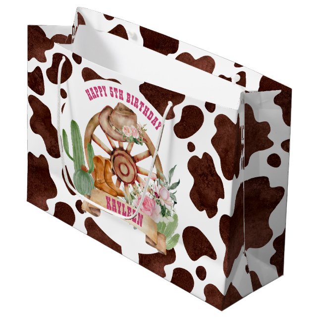 Cowgirl rodeo western birthday personalised large gift bag (Front Angled)