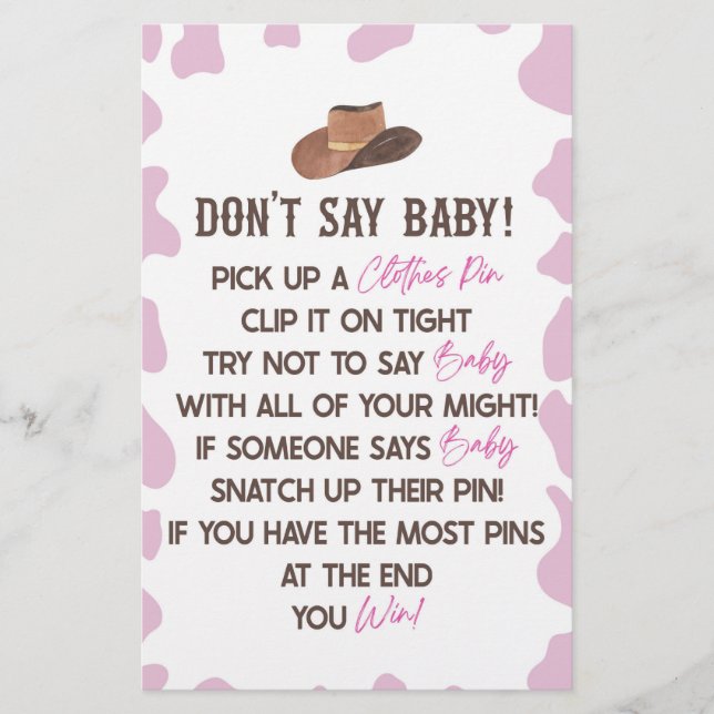 Cowgirl Rodeo Western Don't Say Baby Shower Game Stationery (Front)