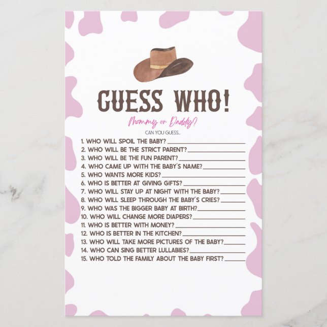 Cowgirl Rodeo Western Guess Who Baby Shower Game (Front)