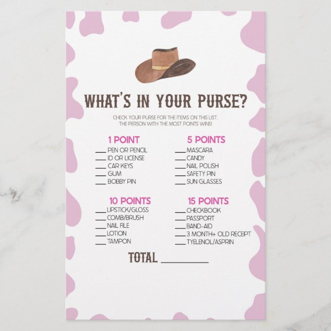 Cowgirl Rodeo What's In Purse Baby Shower Game Stationery (Front)