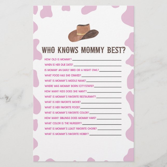 Cowgirl Rodeo Who Knows Mummy Baby Shower Game Stationery (Front)