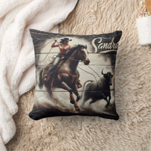 Cowgirl Roping a Bull at a Rodeo Event Cushion