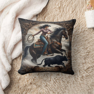 Cowgirl Roping a Bull at a Rodeo Event Cushion