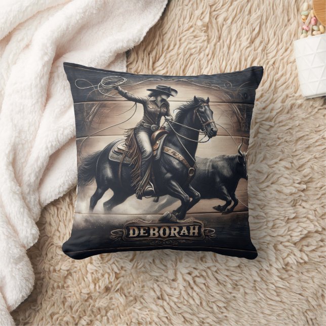 Cowgirl Roping a Bull During Rodeo Event Cushion (Blanket)