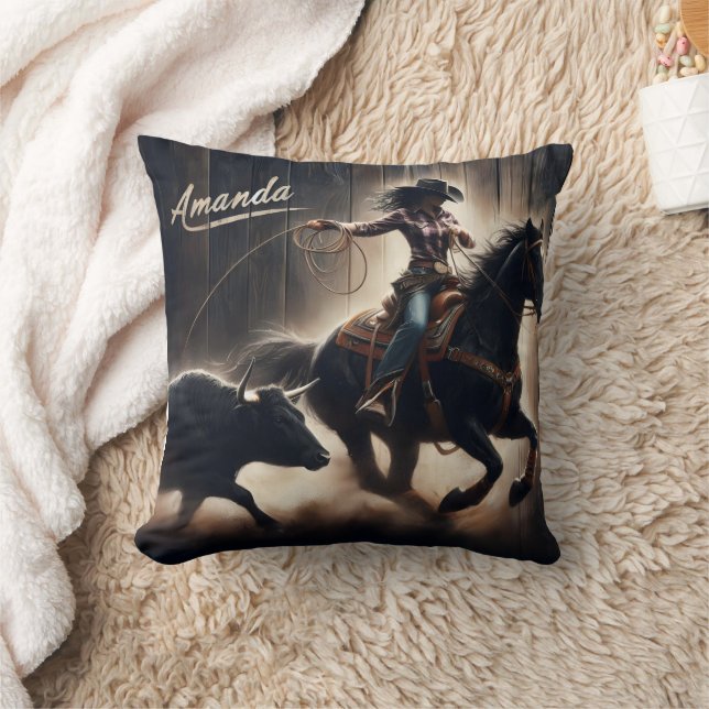 Cowgirl Roping a Steer at a Rodeo Event Cushion (Blanket)