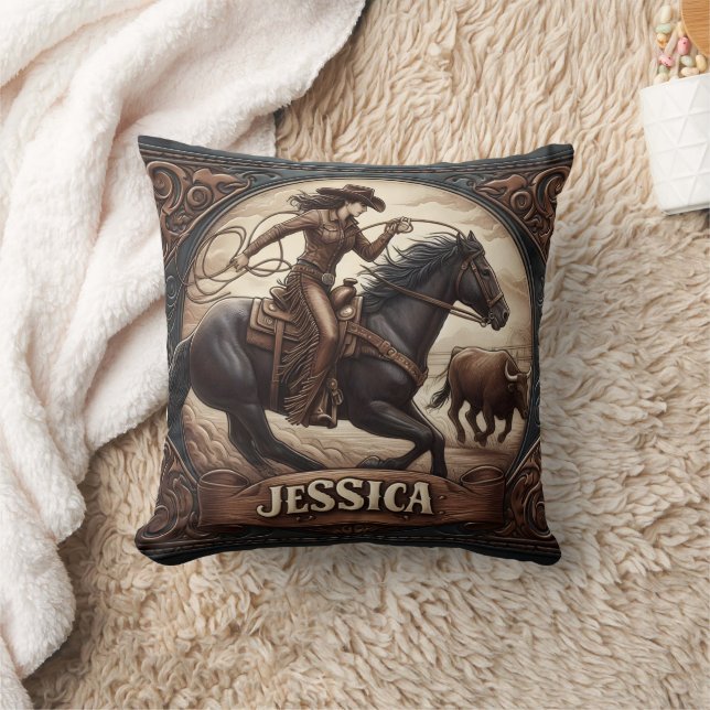 Cowgirl Roping a Steer at a Rodeo Event Cushion (Blanket)