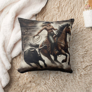 Cowgirl Roping a Steer at a Rodeo Event Cushion